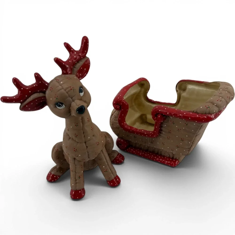 Vintage 1986 Signed Kimple Mold Quilted Christmas Ceramic Reindeer & Sleigh Set